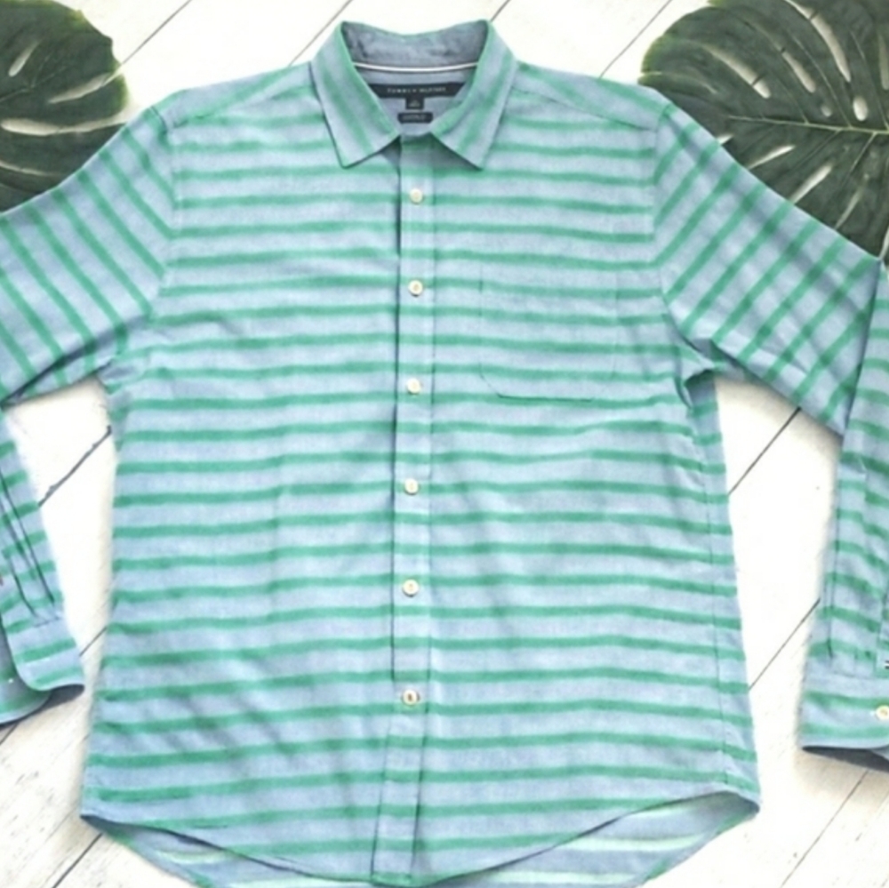Tommy Hilfiger Custom Fit Long Sleeve Striped Button Down Shirt Large Blue/Green
